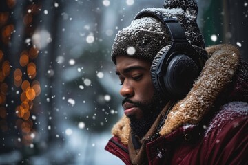 Young African American man in headphones looking down listening to sad, melancholic music in winter time outdoors, Generative AI