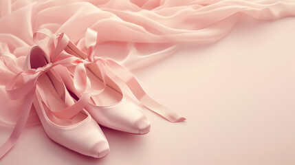 Ballet shoes with strips bow isolated on white graceful background with copy space, generative ai 