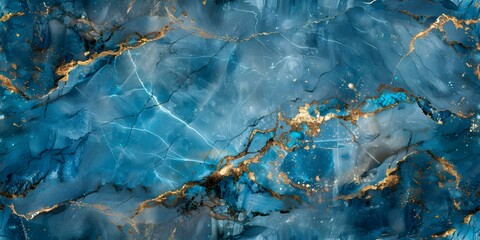 Digitally Created Seamless Background: Elegant Blue Marble Pattern with White and Gold Veins. Concept Marble Background, Blue Veins, White Striations, Elegant Design