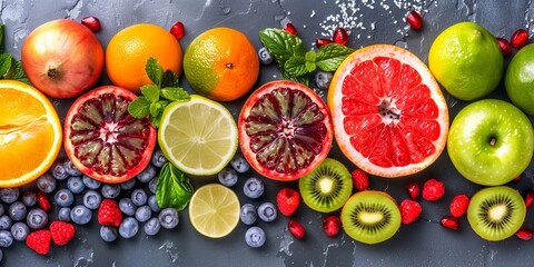 Colorful array of fresh fruits on a dark background