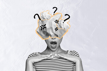 Collage image of speechless black white effect girl crumpled paper head open mouth question mark...