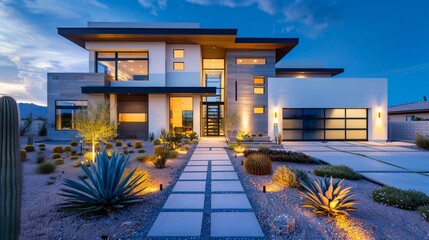 A modern two-story house with sleek lines and large windows, surrounded by a minimalist front yard with geometrically arranged succulents and gravel pathways