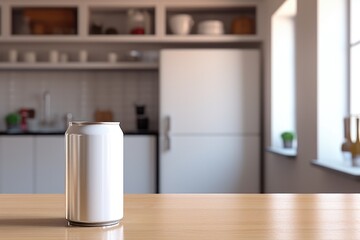 Blank Silver Soda Can Mockup on Wooden Kitchen Table.