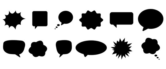 Retro black fill comic speech bubbles and frame set. Vintage design, pop art style - stock vector illustration isolated on transparent background.