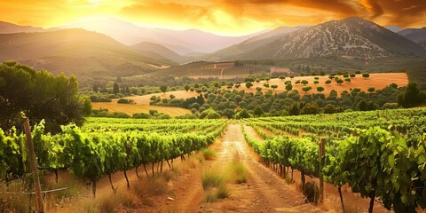Sunset over lush vineyard with mountain backdrop in summer
