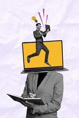 Vertical creative art collage of woman manicure write notes instead head laptop man manager happy...