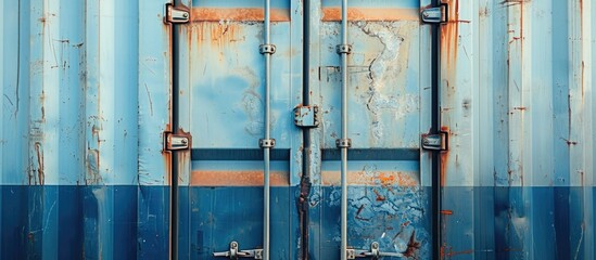 Locked shipping container door at rear of trailer truck in logistics cargo transport industry.
