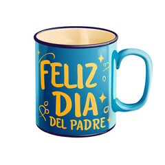 Taza azul con la inscripci&oacute;n Feliz D&iacute;a del padre en amarillo, sobre fondo transparente png