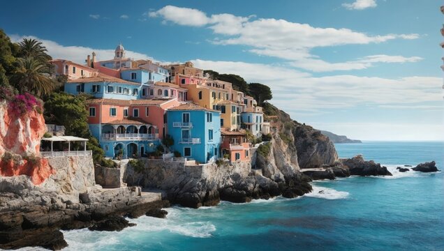Fototapeta a group of houses sitting on top of a cliff next to the ocean, italian mediterranean city. 