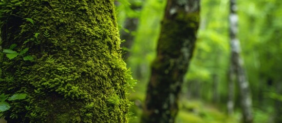 Moss-covered trunks in a green forest.