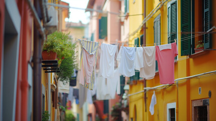 Fototapeta na wymiar Drying clothes on a line across the street in an Italian town.