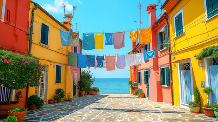 Obraz premium Drying clothes on a line across the street in an Italian town.