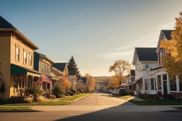 a street lined with lots of houses next to each other, midwest town, beautiful small town.  - obrazy, fototapety, plakaty
