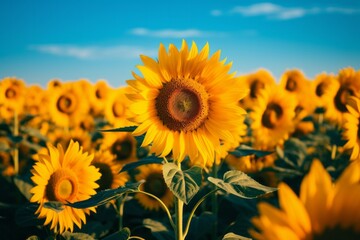 Obraz premium Endless field of sunflowers close up illuminated by sun, harvest and agricultural business concept