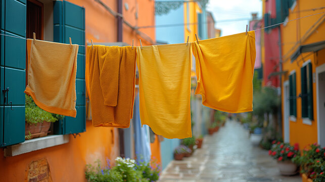 Drying clothes on a line across the street in an Italian town.