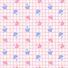 レトロな水玉きのことチェック柄　ピンク