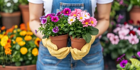 Gardener holding colorful potted flowers at a nursery