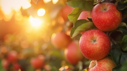 Obraz premium Harvest of ripe red apples on a branch in the garden, agribusiness business concept, organic healthy food and non-GMO fruits with copyspace, close-up 