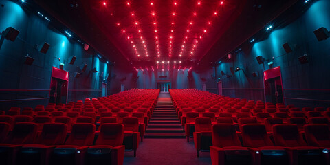 Cinema auditorium with red chairs .