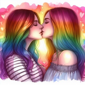 Emotional Bond: Watercolor Painting of a Tender Kiss Between Girls