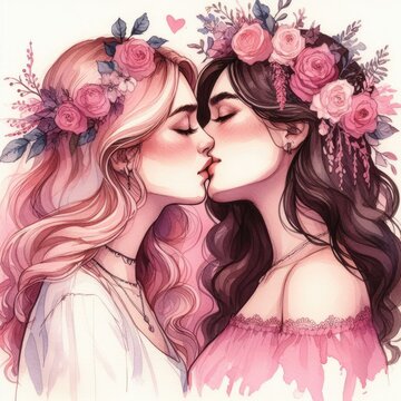 Artistic Harmony: Watercolor Illustration of LGBTQ+ Love Between Women