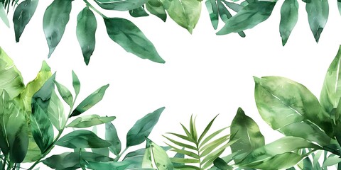 Tropical green watercolor foliage on white background for seamless text overlay background. Concept Watercolor Foliage, Tropical Greenery, White Background, Seamless Texture, Text Overlay