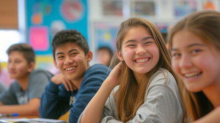 Fototapeta premium Happy Teenage Students Engaging Actively in Classroom Learning Activities at High School