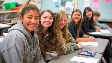 Obraz premium Happy Teenage Students Engaging Actively in Classroom Learning Activities at High School