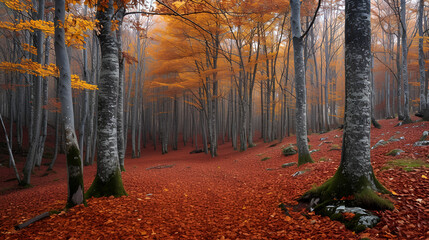 Yellowed trees and fallen leaves in the forest in late autumn, generative ai