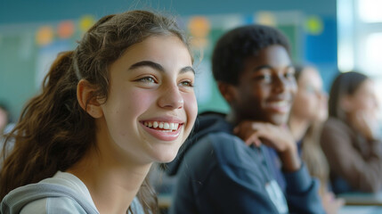 Obraz premium Happy Teenage Students Engaging Actively in Classroom Learning Activities at High School