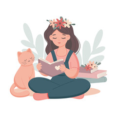 Girl student sitting with opened book with red cat.