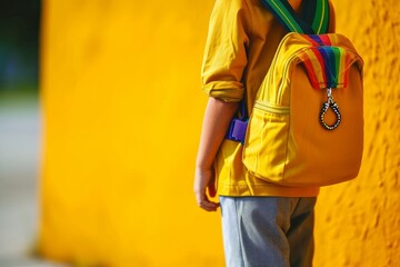 Kid with backpack with autism infinity rainbow symbol sign. World autism awareness day, autism rights movement, neurodiversity, autistic acceptance, Generative AI - obrazy, fototapety, plakaty