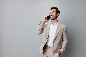 man business portrait smartphone call happy isolated smile suit phone hold