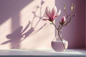 Beautiful pink magnolia flower in white glass vase standing on white table, sunlight on pastel pink...