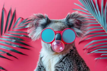 portrait of koala blowing bubble gum, wearing neon goggles. Against a dynamic backdrop, elegance with modernity. Banner for style and individuality, ideal choice for projects, from adv to social