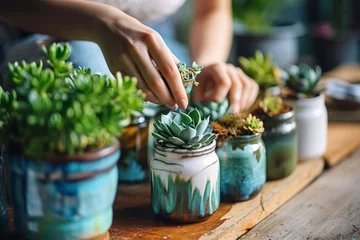 Papier Peint photo Vielles portes Female hands planting succulents in painted and decorated old jars. Hobby, home gardening, DIY, zero waste, sustainable lifestyle, eco friendly, Generative AI