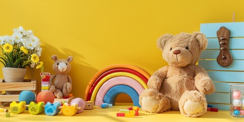 Educational kids toys collection. Teddy bear, wood rainbow, xylophone, wooden educational baby toys...