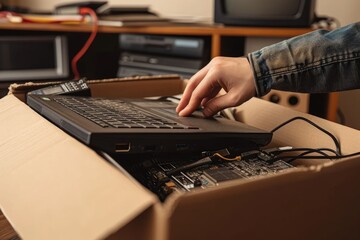 Woman hands put old laptop computer in cardboard box with old used tech gadget devices for recycling. Planned obsolescence, e-waste, electronic waste for reuse, refurbish, recycle, Generative AI - obrazy, fototapety, plakaty