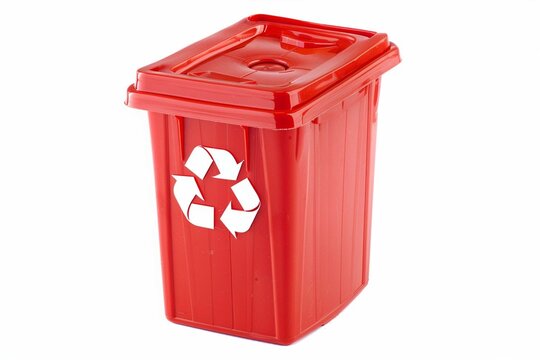 A Red recycle bin with recycle symbol isolated on white background.