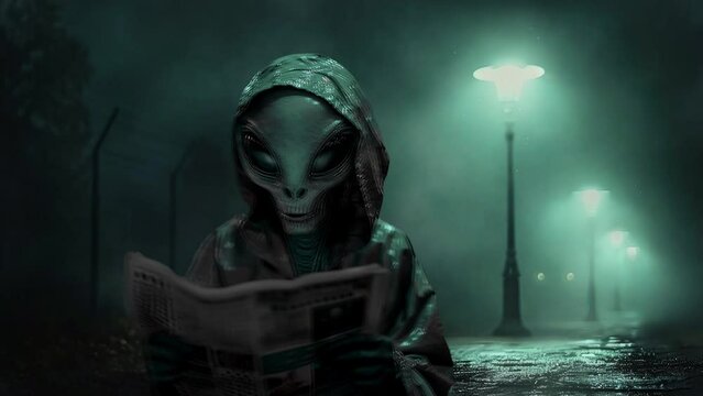 An alien with a newspaper on a dark road at night