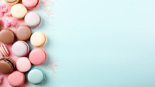 Banner with multi-colored sweets on a blue background with free space Ideas for placing products against beautiful backgrounds