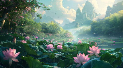 Pictures of lotus flowers and trees.