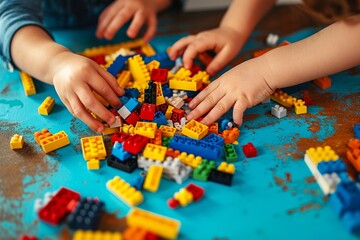 Vilnius, Lithuania - February 23, 2019. Children hands play with colorful lego blocks on the table, Generative AI - obrazy, fototapety, plakaty