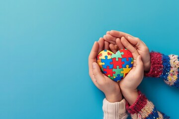 World autism awareness day concept. Adult and child hands holding puzzle heart on light blue background, Generative AI - Powered by Adobe