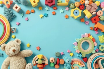 Baby kids toy frame background. Teddy bear, colorful wooden educational, sensory, sorting and stacking toys for children on light blue background. Generative AI - obrazy, fototapety, plakaty
