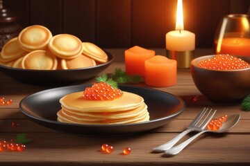 There are plates of pancakes on the wooden table.red caviar on top.candles are burning in the background