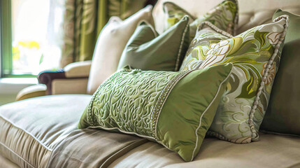 Pillows on a bed and green pillows on a chair.