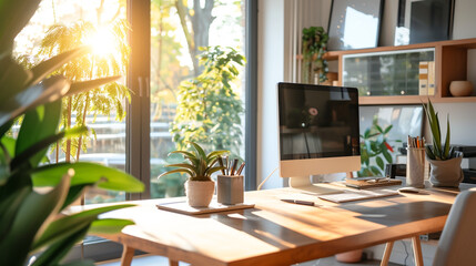 Fototapeta na wymiar A luminous, modern home office with a large wooden desk, ergonomic seating, verdant houseplants, and panoramic windows inviting natural light.