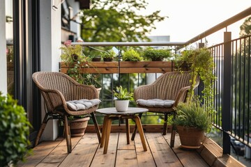 Beautiful balcony or terrace with chairs, natural material decorations and green potted flowers plants. Sunny stylish balcony home terrace with city, Generative AI