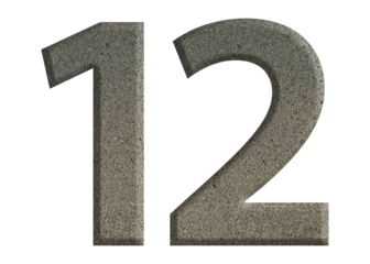 The shape of the number 12 is made of cement isolated on transparent background. Suitable for birthday, anniversary and Memorial Day templates